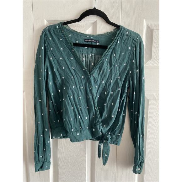 Abercrombie Fitch Women's Small Green Diamond Wrap Top Boho Chic - Picture 1 of 8
